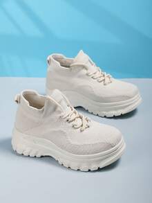 新春季到貨女款休閒運動鞋,具有透氣短襪式鞋面和高彈性eva鞋底,輕巧時尚 - 米色 - 查看 2