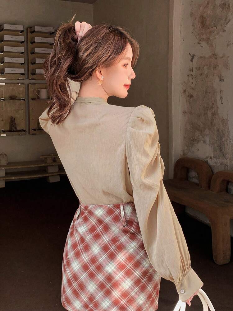 Ladies' Solid Color Tie Collar Puff Sleeve Blouse,Ruffle Long Sleeve Top