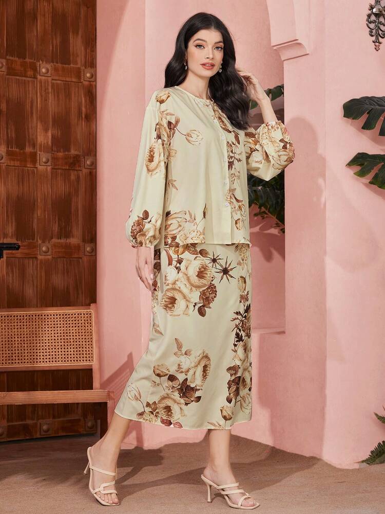 Women'S Floral Print Lantern Sleeve Two-Piece Set 2 Piece Set