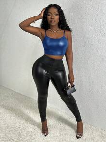 Slaydiva Áo croptop hai dây bằng da PU dành cho nữ - Xanh đậm - Xem 1