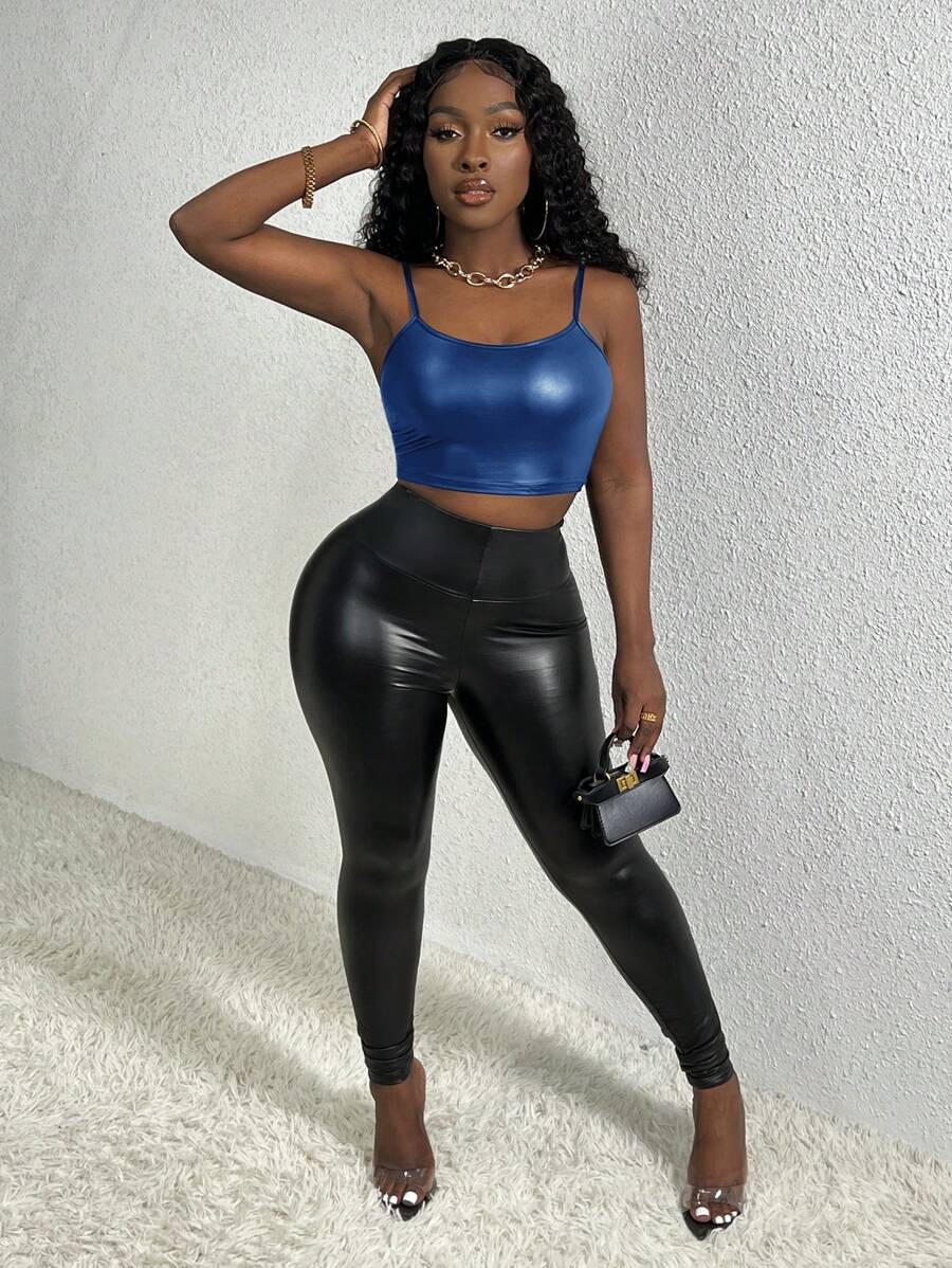 Slaydiva Áo croptop hai dây bằng da PU dành cho nữ - Xanh đậm - Xem 1