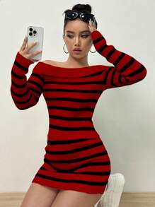 Flirla Women's Off Shoulder Striped Long Sleeve Sweater And Knit Skirt Two Piece Set Fall Cloth For Women - Red - View 5