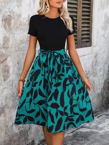 SHEIN Frenchy Vestido Con Cinturón Y Empalme Con Estampado Vegetal - Azul - Ver 3