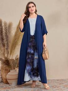 Al Najma Plus Size Marble Print Dress And Solid Color Coat Two Pieces Set 2 Pieces Set - Multicolor - View 3