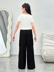 SHEIN Set de pantaloni procesați și top cu mânecă scurtă, tricot, cu gât rotund, îmbrăcăminte de stradă sport pentru fete