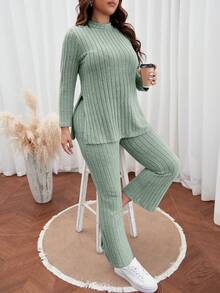 SHEIN Frenchy 加大尺碼女士側分鉸緞長袖t恤和褲套裝 - 薄荷綠 - 查看 5