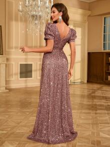 UNITHORSE UNITHORSE V-Neck Sparkly Puff Sleeve Party Dress Wedding Guest Dress Formal Dress Evening Dress, Bride Dress, Birthday Women Outfits, Graduation Dress,Gown