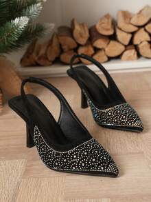 女士時尚尖頭鑲鑽細跟帶踝帶鞋 - 黑色 - 查看 6