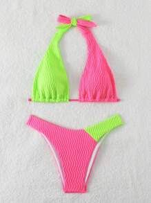 SHEIN Swim Women's Summer Beach Color Block Knot Back Halter Neon Bikini Set Bathing Suit - Multicolor - View 7