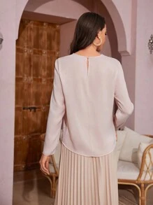 SHEIN Essnce 女士圓領長袖襯衫 - 粉色 - 查看 2