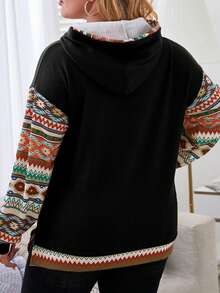 大码几何印花拼接抽绳卫衣 - 黑色 - 查看 2