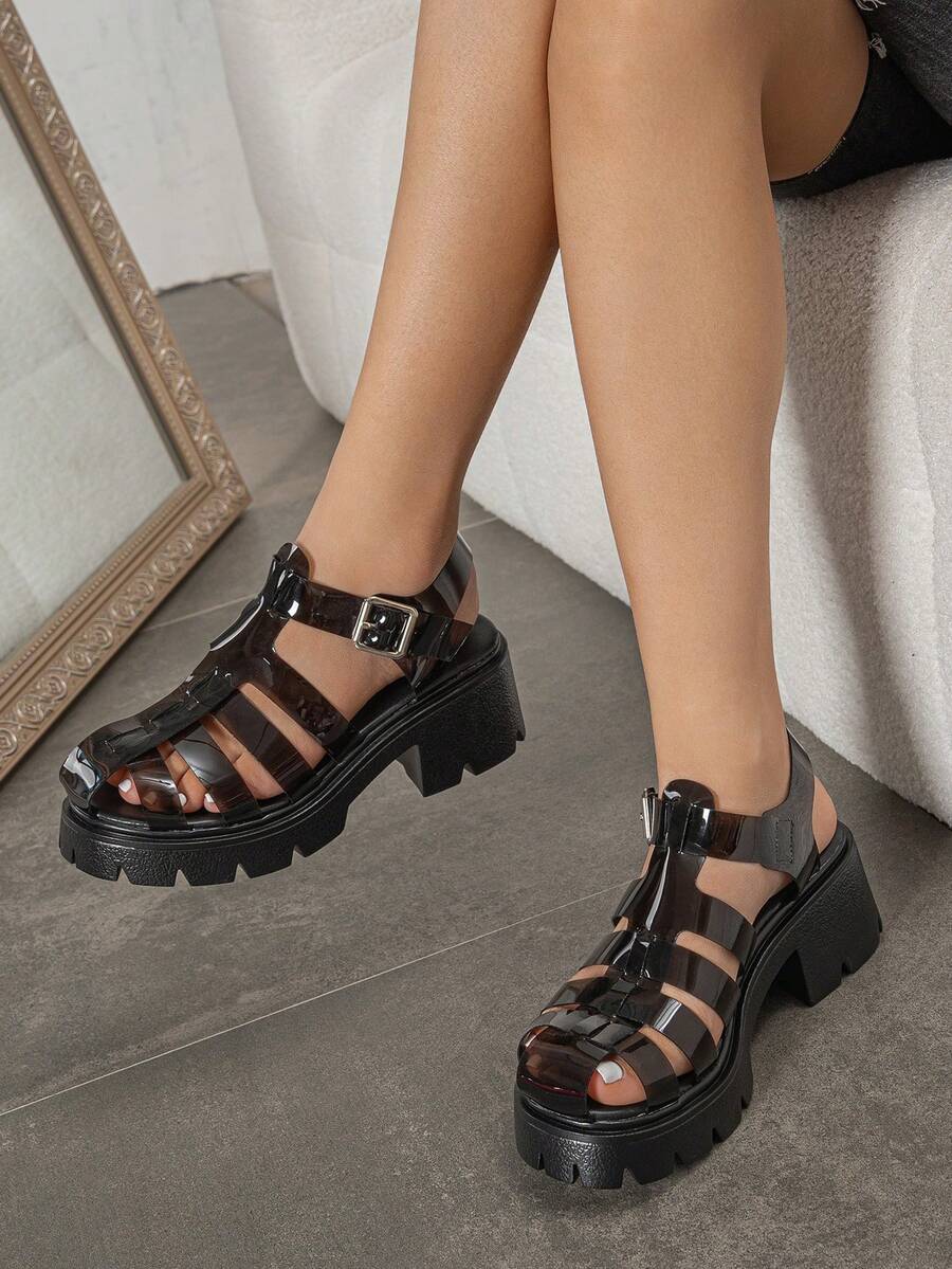 流行舒適的女式楔型厚底羅馬風涼鞋,使用透明玻璃質感的 Pvc 束帶 - 黑色 - 查看 1