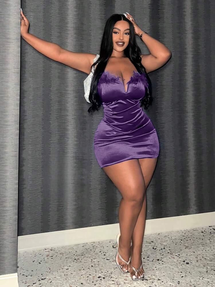 SHEIN Slayr Kích thước lớn Trang trí Fuzzy Chi tiết Dây đeo Mì Ý  Đầm - Màu tím - Xem 1