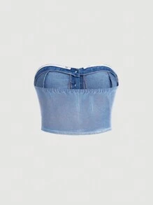 SHEIN MOD 性感大碼女士短身丹寧胸衣上衣 - 淺色水洗藍 - 查看 2