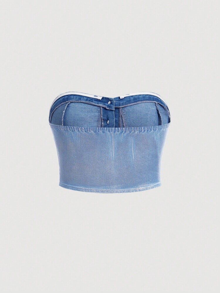 SHEIN MOD 性感大碼女士短身丹寧胸衣上衣 - 淺色水洗藍 - 查看 2
