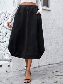 SHEIN LUNE 女款束口腰帶裙子,腰部有雙口袋 - 黑色 - 查看 5