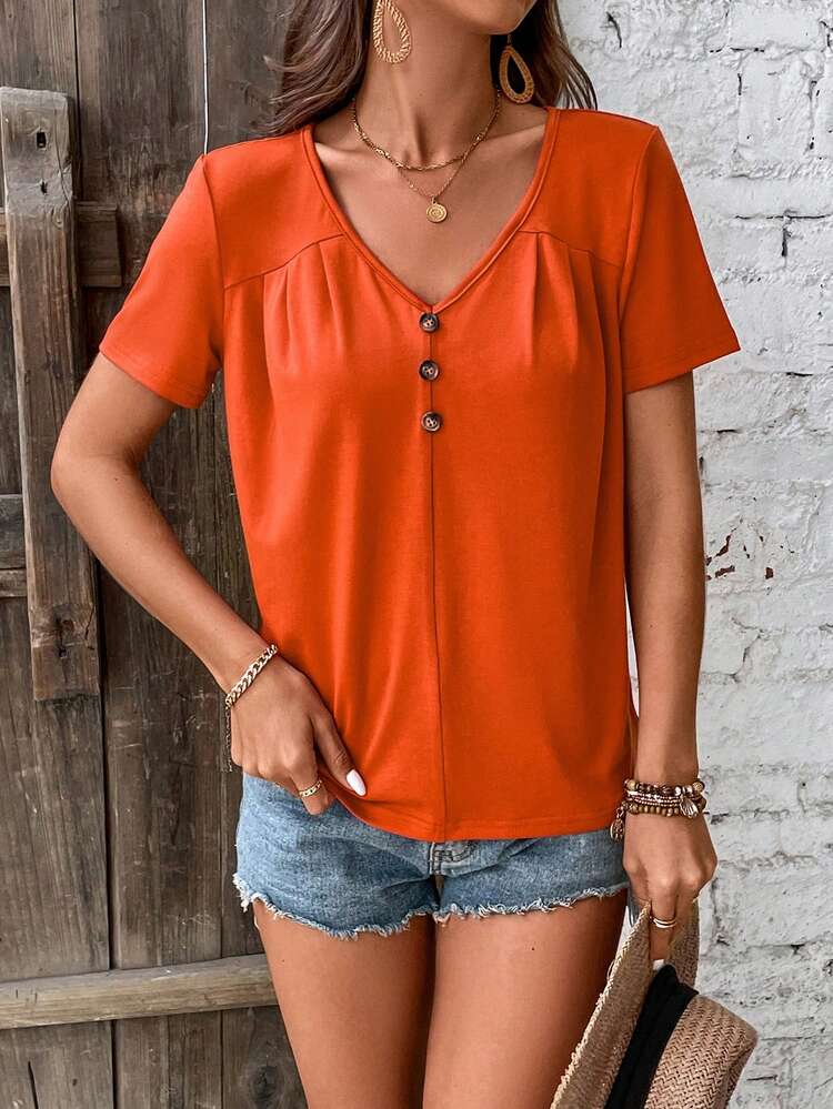 SHEIN LUNE Camiseta De Manga Corta Con Escote En V Con Detalle De Botón - Naranja - Ver 5