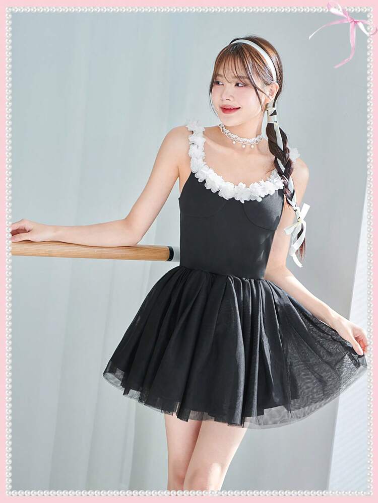 Balletcore Bow Princesscore 3D Rose Contrast Lace Backless Ribbon Mesh Black Dress Evening Dress Valentines Clothes Birthday Women Outfits