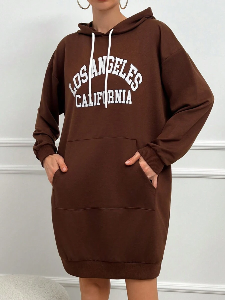 Cottnline Letter Graphic Kangaroo Pocket Drop Shoulder Drawstring Hoodie - Chocolate Brown - View 1