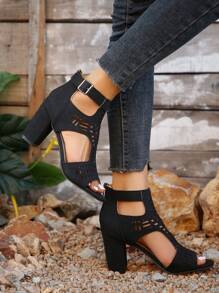 Women's Hollow-Out Open Toe Platform High Heels, 8cm Chunky Heel Sandals, Fashionable Cutout High Heel Shoes, Suitable For Occasions, Outdoor, Party, Travel, Seasons, Brown