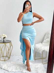 Sexy One-Shoulder Top + Ruffle Trim Skirt - Blue - View 6
