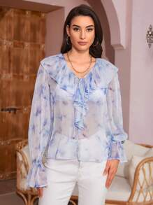 Chiquease Top Transparente Con Estampado De Tie-dye Y Adornos De Volantes - Negro - Ver 3