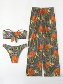 SHEIN Swim Women'S Three Piece Set Plant & Leopard Printed Bandeau Bikini Summer - Multicolor - View 6