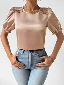 Chiquease 圓領荷葉邊袖口襯衫 - 杏色 - 查看 2