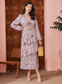 Modelyn Women's Floral Printed Ruffle Hem Dress Fall Cloth For Women - Baby Pink - View 1