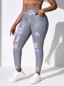SHEIN SXY 加大尺寸女性金屬破壞款牛仔褲 - 金色 - 查看 3