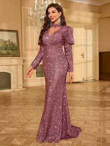 Women's Glamorous Gigot Sleeve Hollow-Out Sequin Mermaid Dress - Dusty Pink - View 4