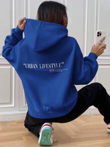 SHEIN EZwear Printed Knitted Hoodie URBAN LIFESTYLE LIFE IS MEANT TO BE ENJOYED, AND WE SHOULD MAKE THE MOST EVERY MOMENT HAPPINESS IS A STATE OF MIND,Long Sleeve Tops - Royal Blue - View 1
