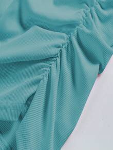 SHEIN Unity 女款蕾絲花卉拼接蝴蝶結裝飾的無肩帶上衣 - 薄荷藍 - 查看 3