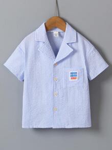 SHEIN Mùa hè Bong bóng Textured Sọc Ngắn tay Áo sơ mi Với Mặt trước Nút Và Túi Đồ trang trí - Màu xanh nhạt - Xem 7