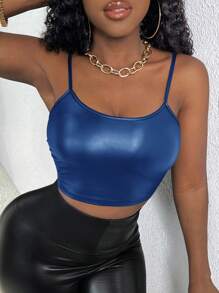 Slaydiva Áo croptop hai dây bằng da PU dành cho nữ - Xanh đậm - Xem 2