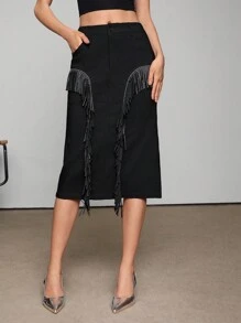 SHEINNeu Saia feminina com bolsos diagonais decorados com tachas e franjas - Preto - Ver 3