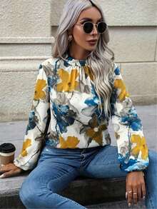 女士花卉印花灯笼袖优雅衬衫，长袖秋季 - 白色 - 查看 3