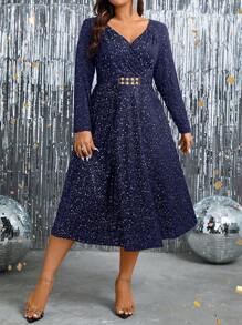 SHEIN Clasi Vestido Con Cinturón Y Purpurina De Talla Grande - Azul Marino - Ver 6