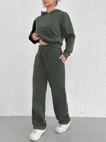 SHEIN Cottnline 女士實色連帽運動套裝,包括連帽衫和汗褲 - 軍綠色 - 查看 4