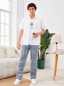 青少年男孩時尚個性化街頭風格拼接破洞牛仔褲 - 淺色水洗藍 - 查看 4