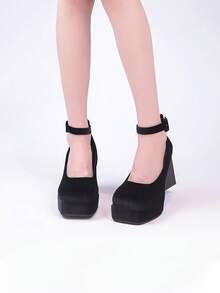 童話風格女鞋：防水平台絲絨珍鞋,厚底粗跟適用於春秋季節 - 黑色 - 查看 5