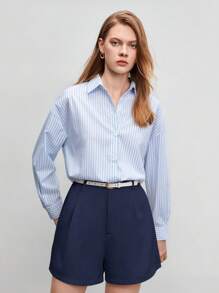 BizChic 女士纯色褶皱短裤，都市通勤简约优雅时尚教师装，商务休闲办公装，秋季款 - 藏蓝色 - 查看 7