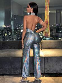 VaVaBold Silver Jumpsuit With Slatted Neck Metallic Laser Back Hollowed Out Neck - Silver - View 2
