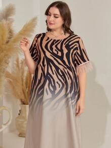 Al Najma Plus Size Zebra Stripe & Gradient Color Printed Fringed Sleeve Hem Dress - Multicolor - View 6