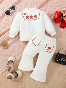 Baby Girls' Floral And Letter Printed Stand-Up Collar Sweatshirt And Flared Pants Set, Winter - White - View 5