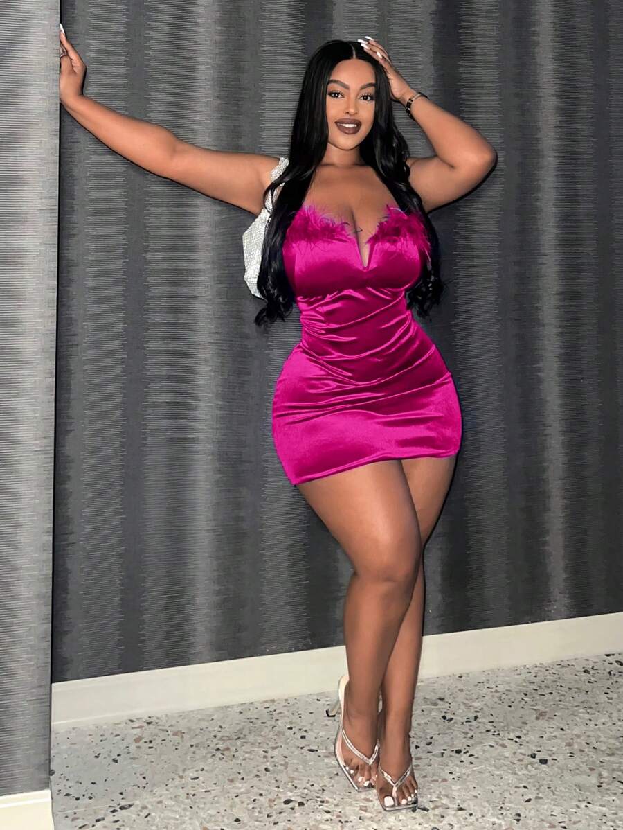 Slaydiva 加大尺碼女士拼接打摺細肩帶連身裙 - 玫紅色 - 查看 1