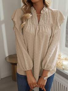 Breezaya Lace Trimmed Notched Neckline Jacquard Blouse,Long Sleeve Tops Fall Cloth For Women - Khaki - View 6