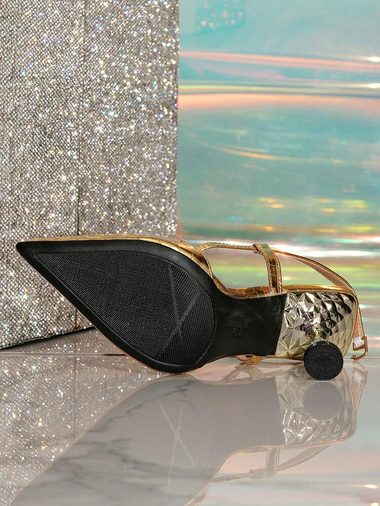 Silver High Heels With Kitten Heels, Pointed Toe, Sparkly And Comfortable For Women - Gold - View 5