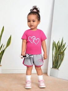 SHEIN 嬰兒女童休閒心形圖案短袖上衣和彩色拼接短褲套裝 - 粉色 - 查看 4