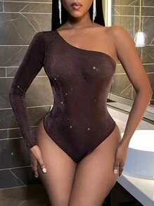 SHEIN Slayr Women's One Shoulder Long Sleeve Sparkly Bodysuit - Coffee Brown - View 1